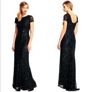 NEW Adrianna Papell Scoop Back Sequin Gown In Black sz 2P